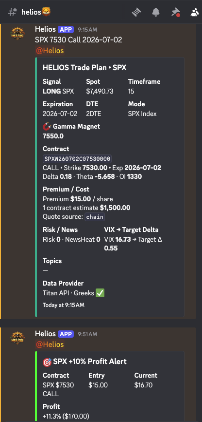 Helios SPX call alert and follow-up profit alert in Discord
